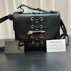 Mackage Black Pebbled Leather Crossbody Bag Arrow Detail & Hardwear Motorcycle